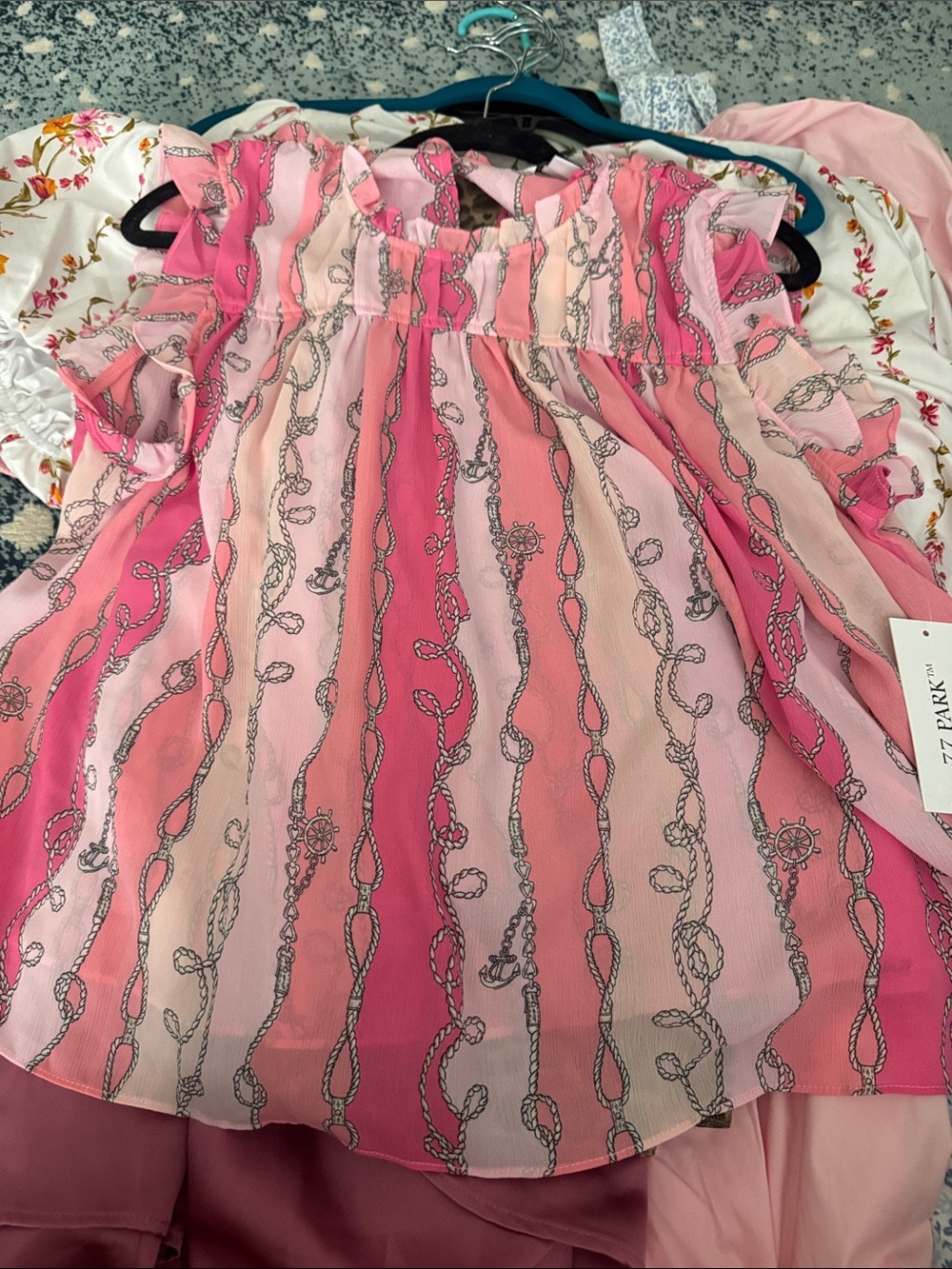 Pink Striped Chain-Print Ruffle Tank